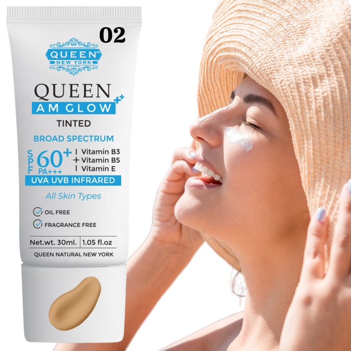 Pack of 2 QUEEN AM GLOW | TINTED Sunscreen SPF 60 PA+++Primer-Anti Aging, Face Moisturizer- Vitamin B3, B5, E-fragrance free by QUEEN NATURAL NEW YORK